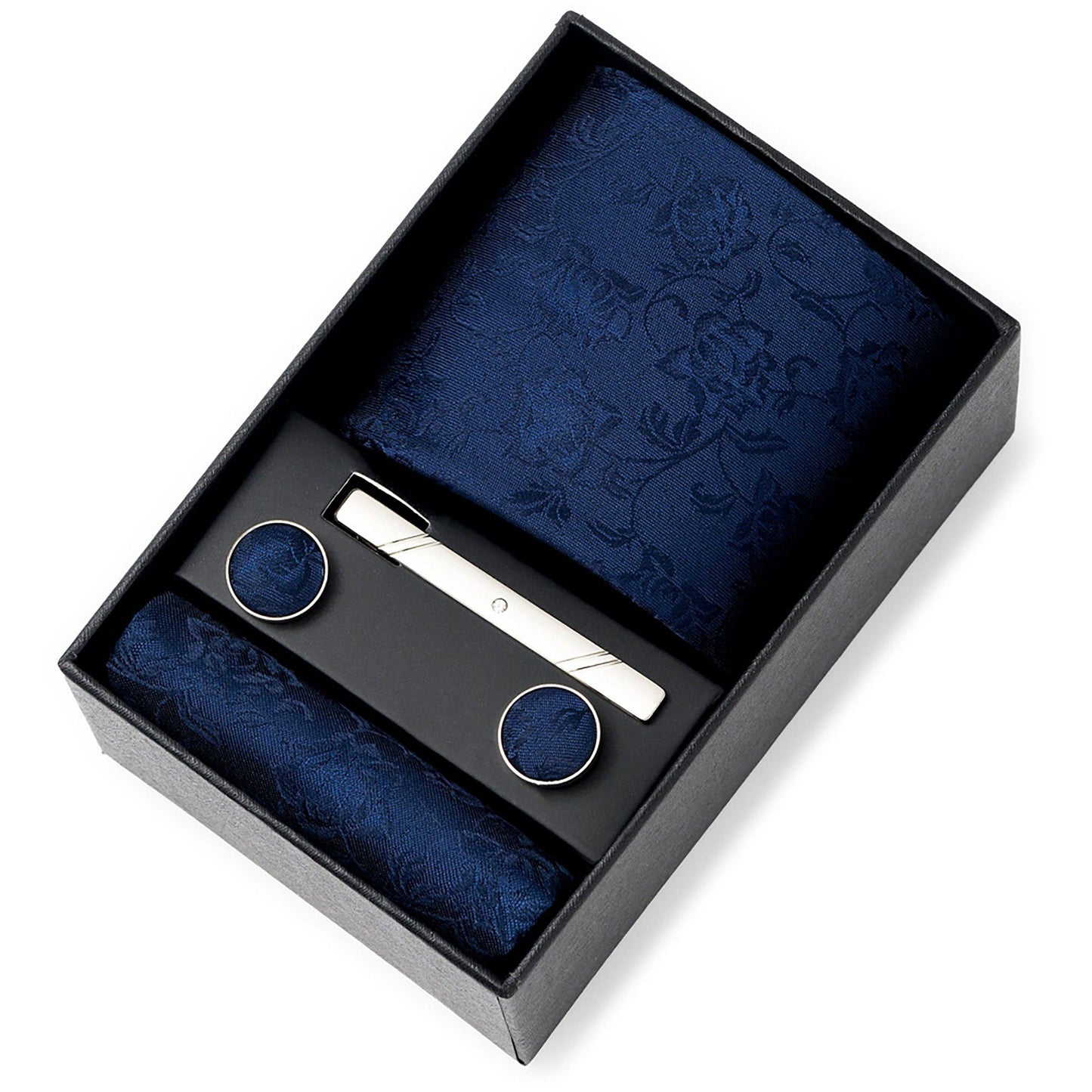 Men's Rose Floral Tie Gift Set with Matching Pocket Square Cufflinks and Silver Tie Clip