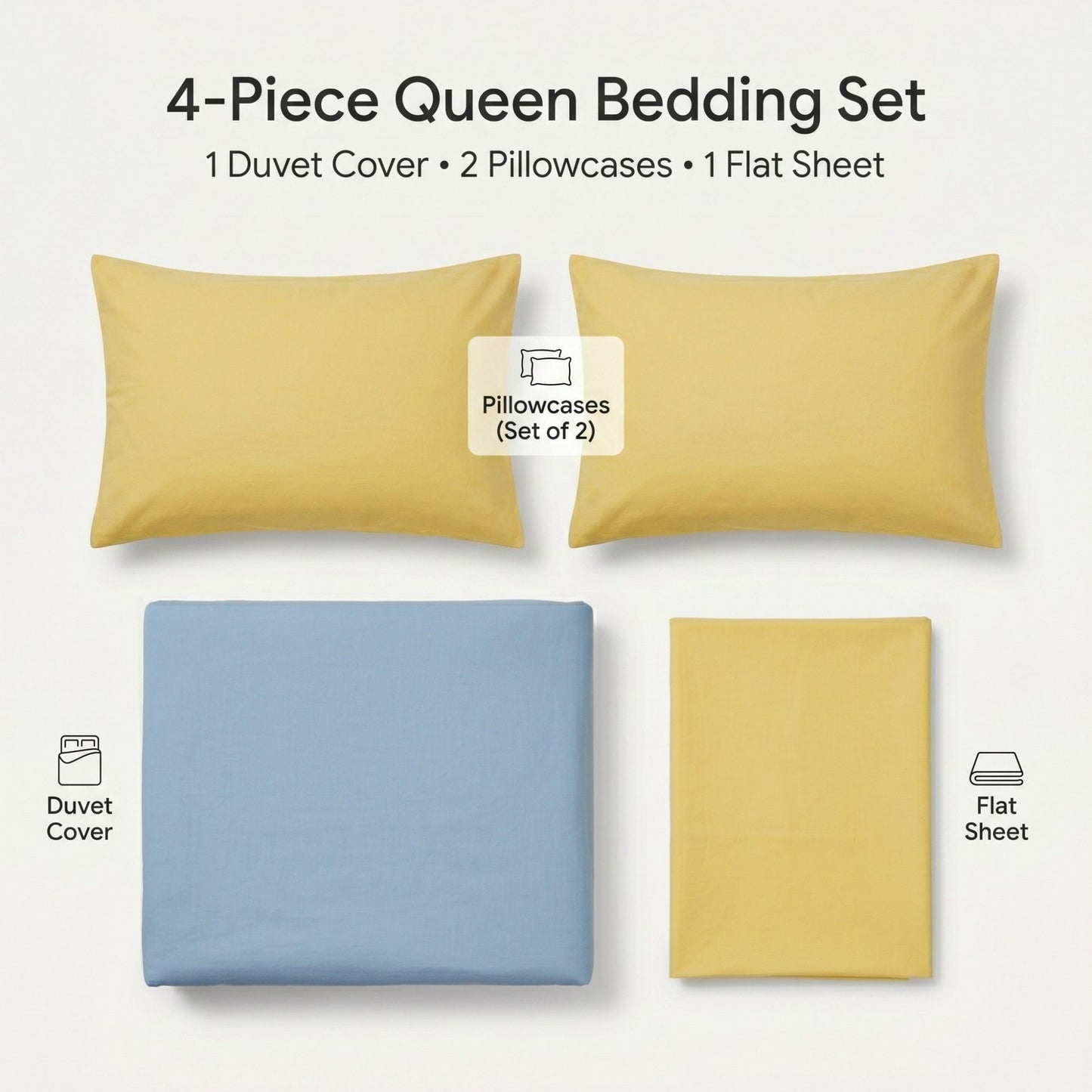 4-Piece Cotton Washed Bedding Set with Duvet Cover Flat Sheet and Pillowcases