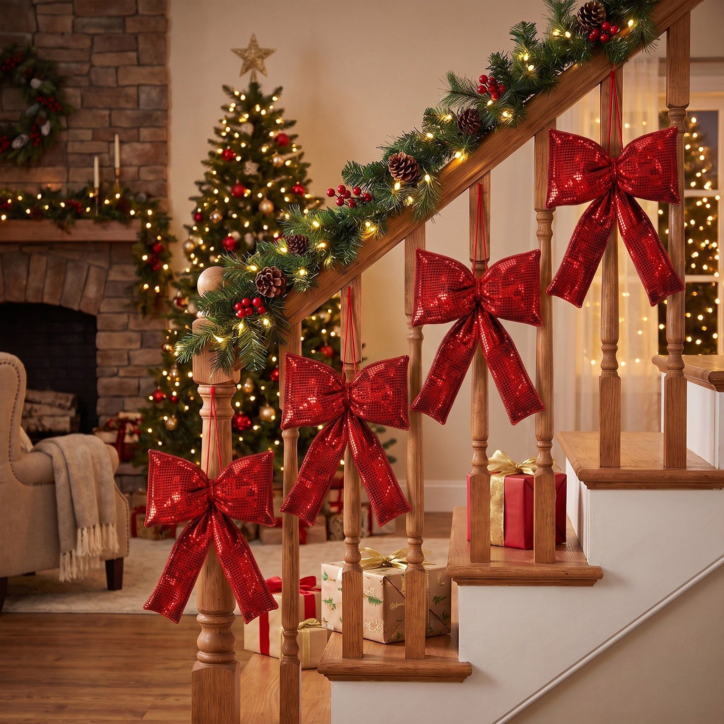 5pc Shimmering Christmas Bow Hanging Ornaments