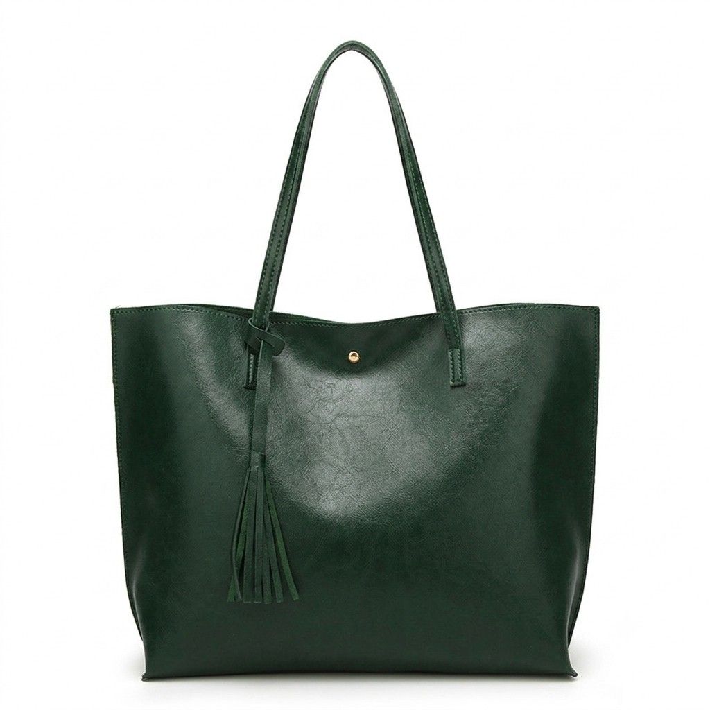 Large Faux Leather Shoulder Tote Bag with Tassel and Magnetic Snap Closure
