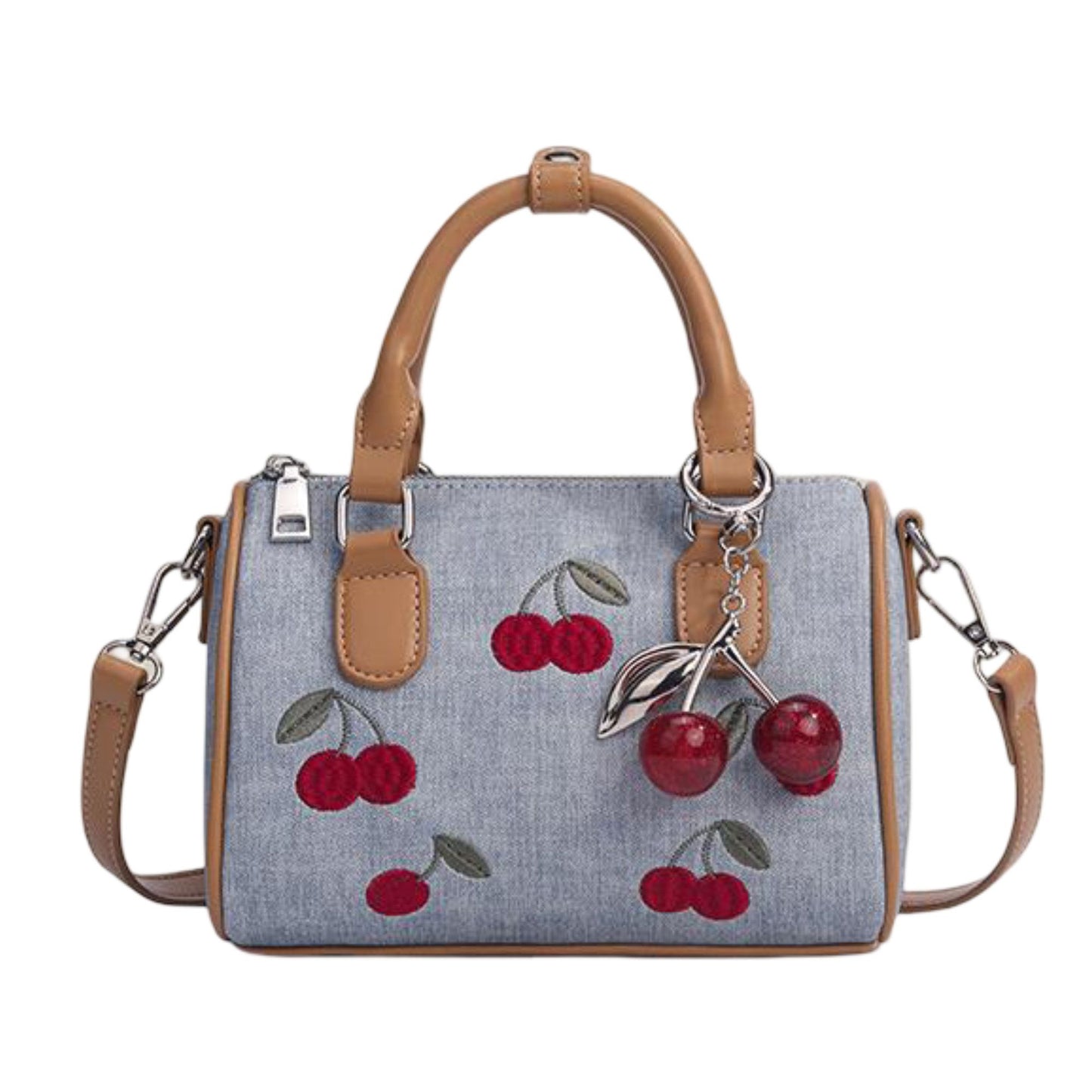 Denim Cherry Boston Handbag with Top Handles