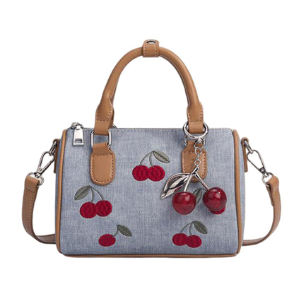 Denim Cherry Boston Handbag with Top Handles