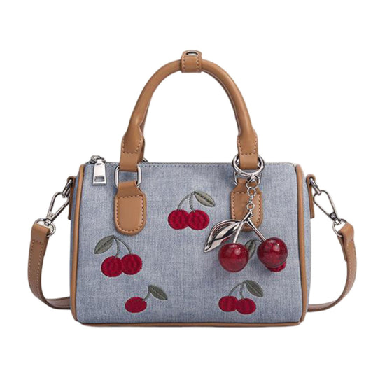 Denim Cherry Boston Handbag with Top Handles