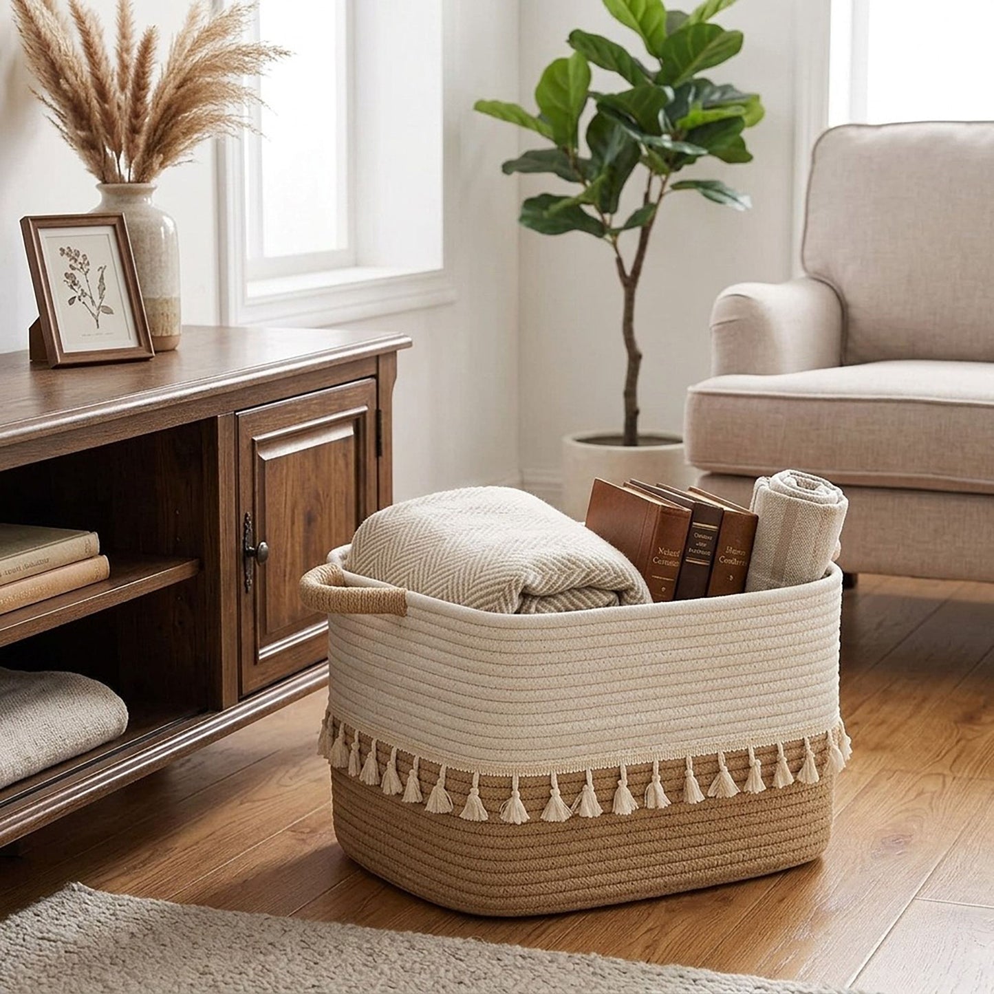 Rope Storage Basket with Tassel Trim and Handles