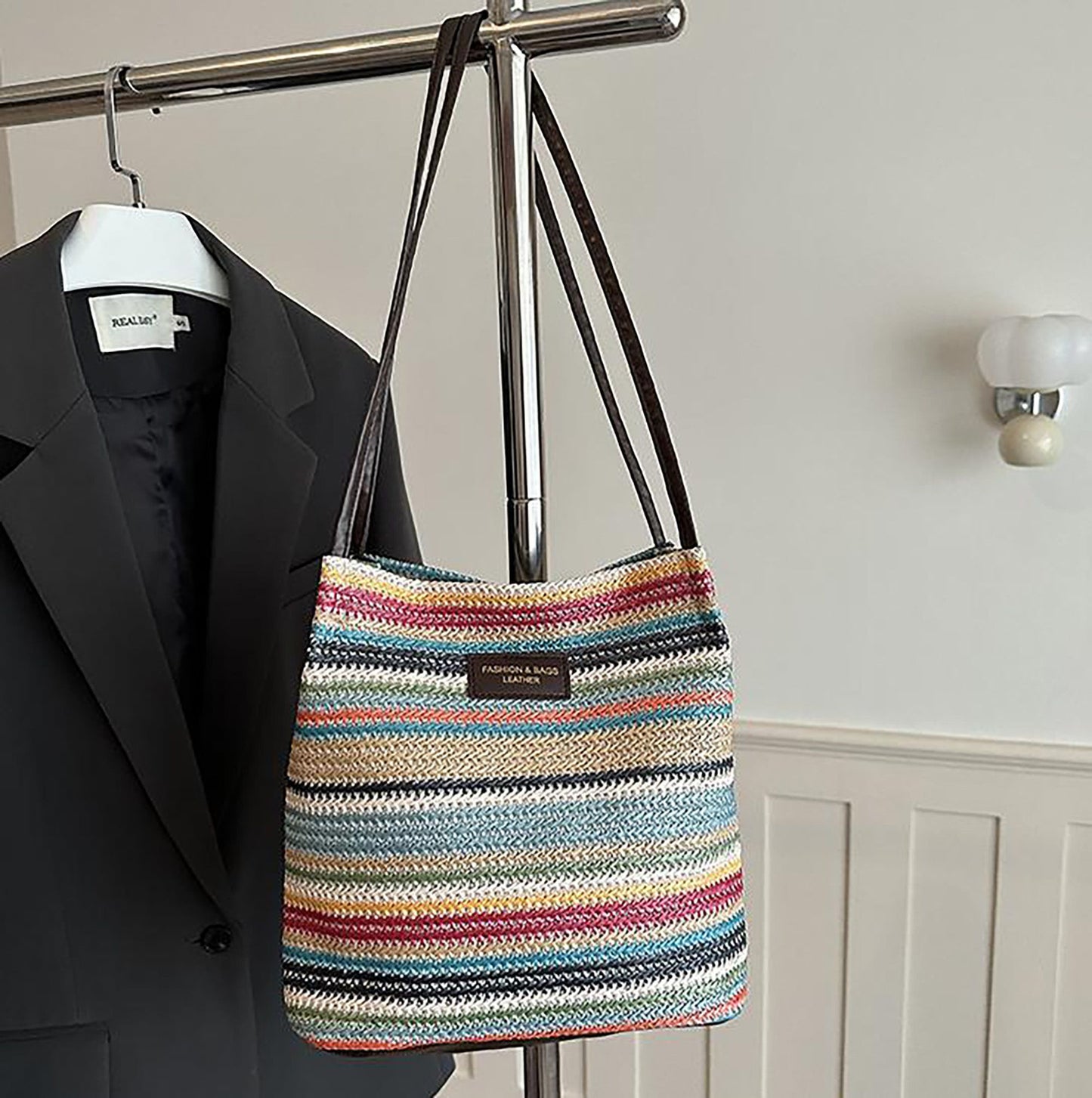 Woven Polyester Tote Bag with Magnetic Closure and Long Shoulder Straps