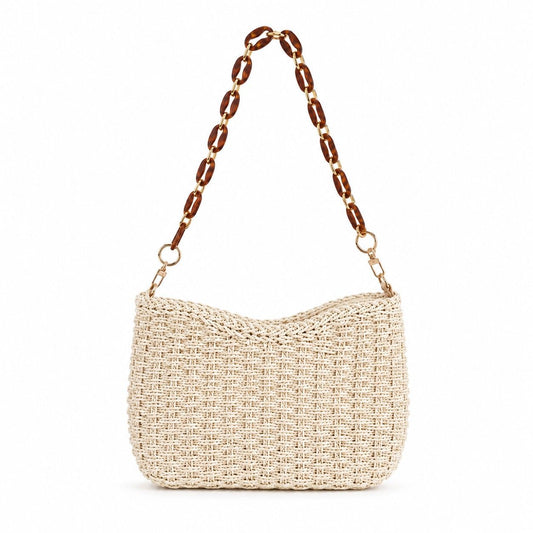 Woven Shoulder Bag with Chain Strap Zip Closure and Interior Slip Pocket