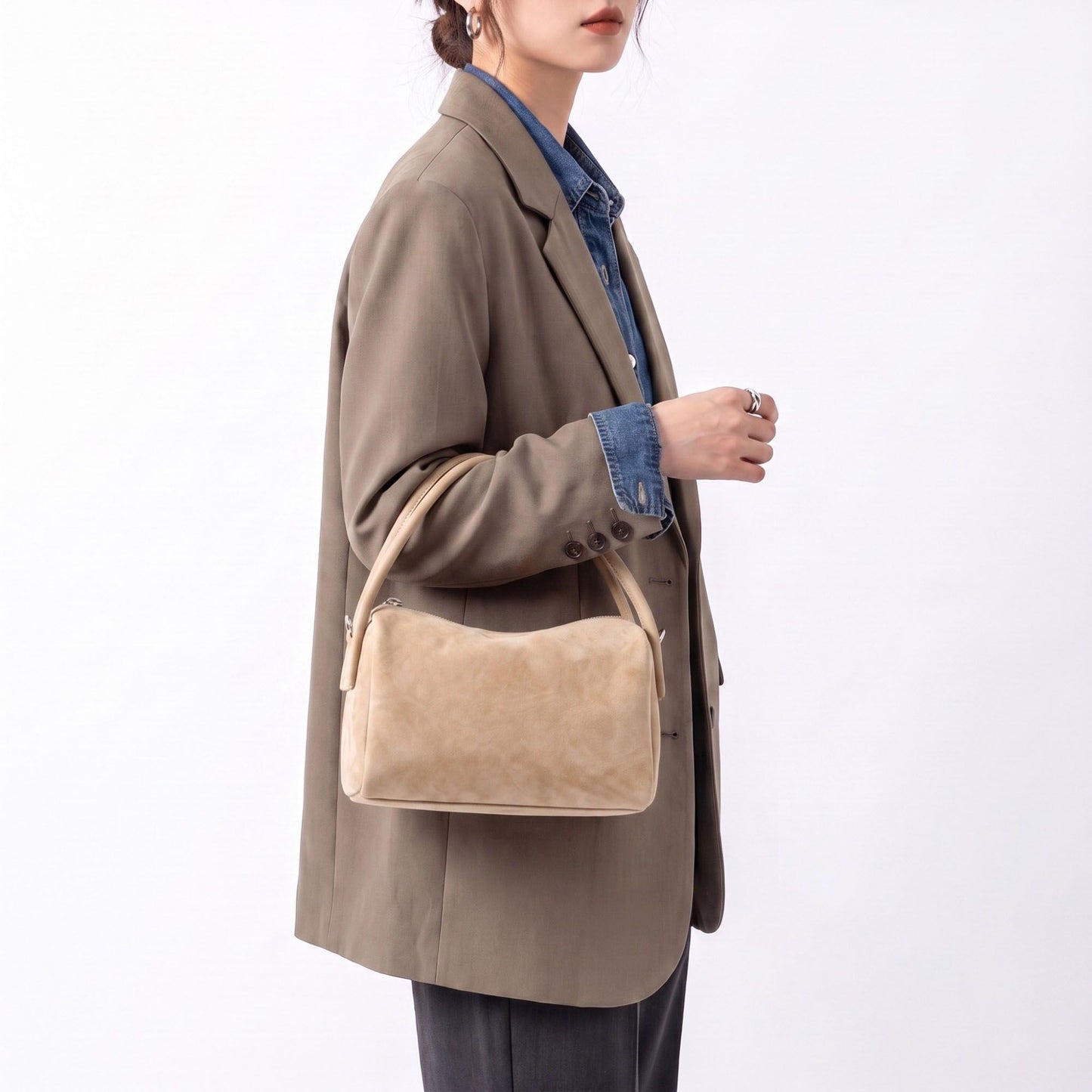 Faux Suede Satchel Bag with Detachable Crossbody Strap Beige