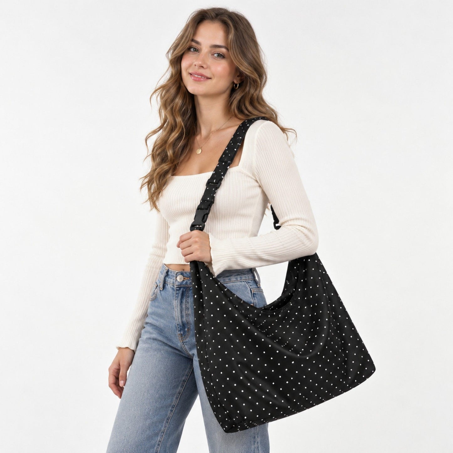 Large Nylon Polka Dot Shoulder Tote Bag