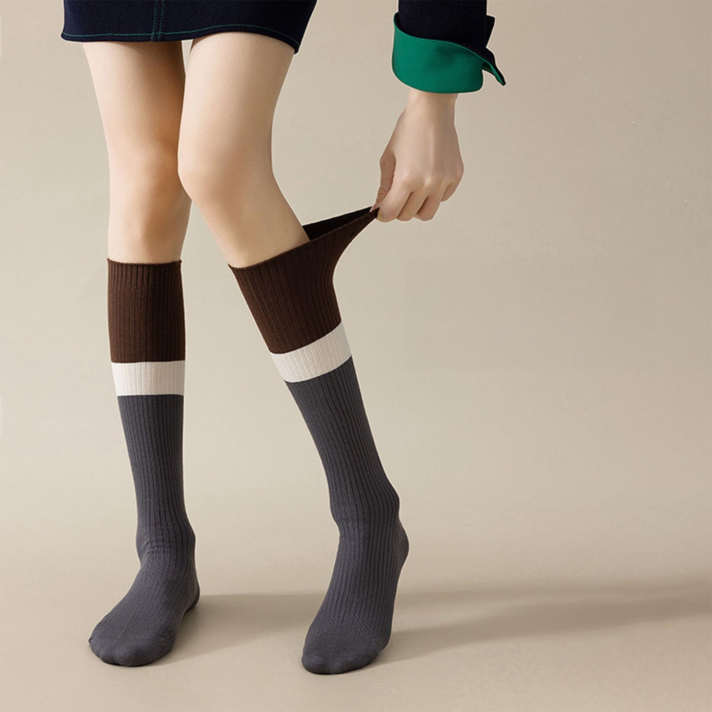 2-Pair Colorblock Knee-High Ribbed Socks with Stretch Fit Design
