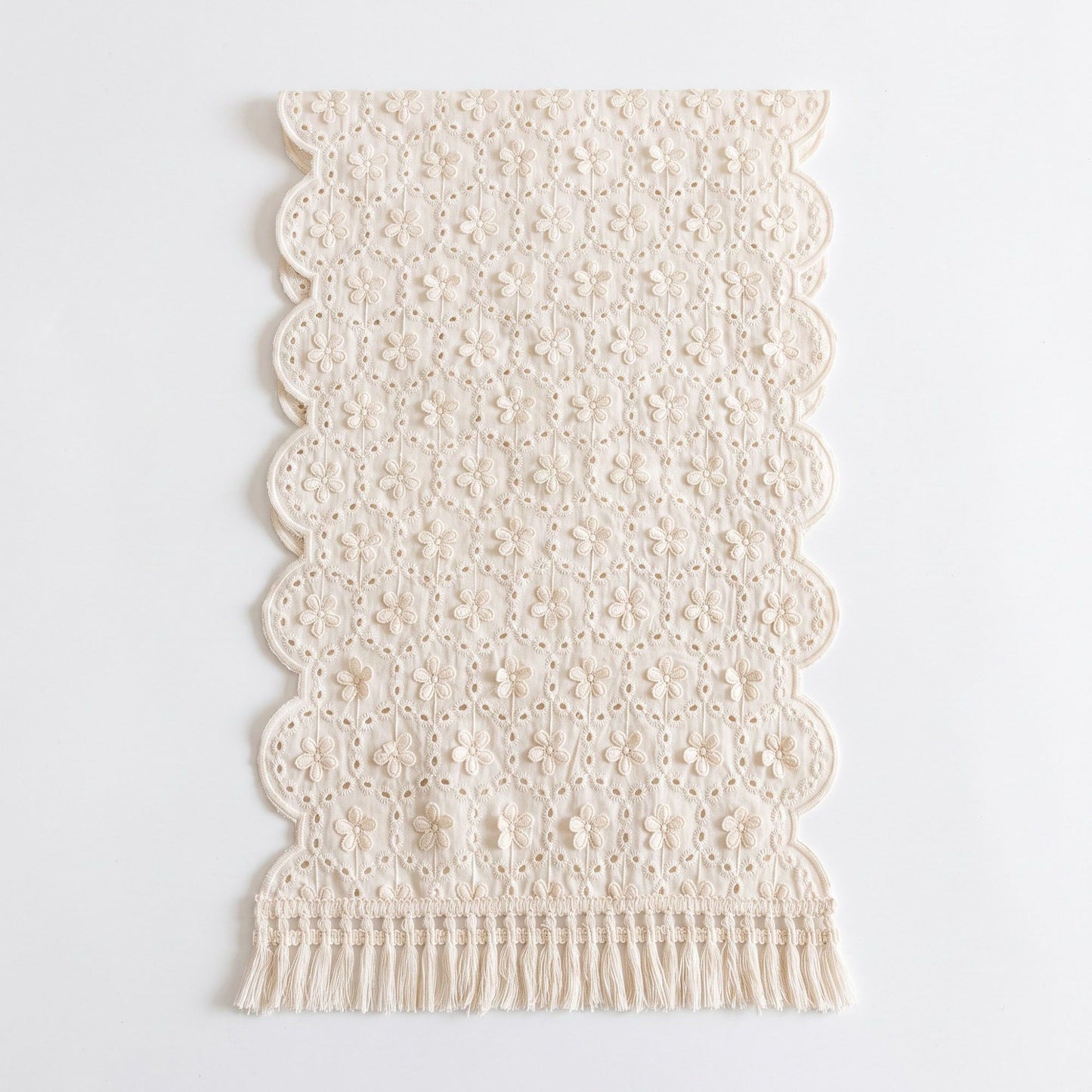 Ivory Floral Embroidered Table Runner with Fringe 13x47.2in