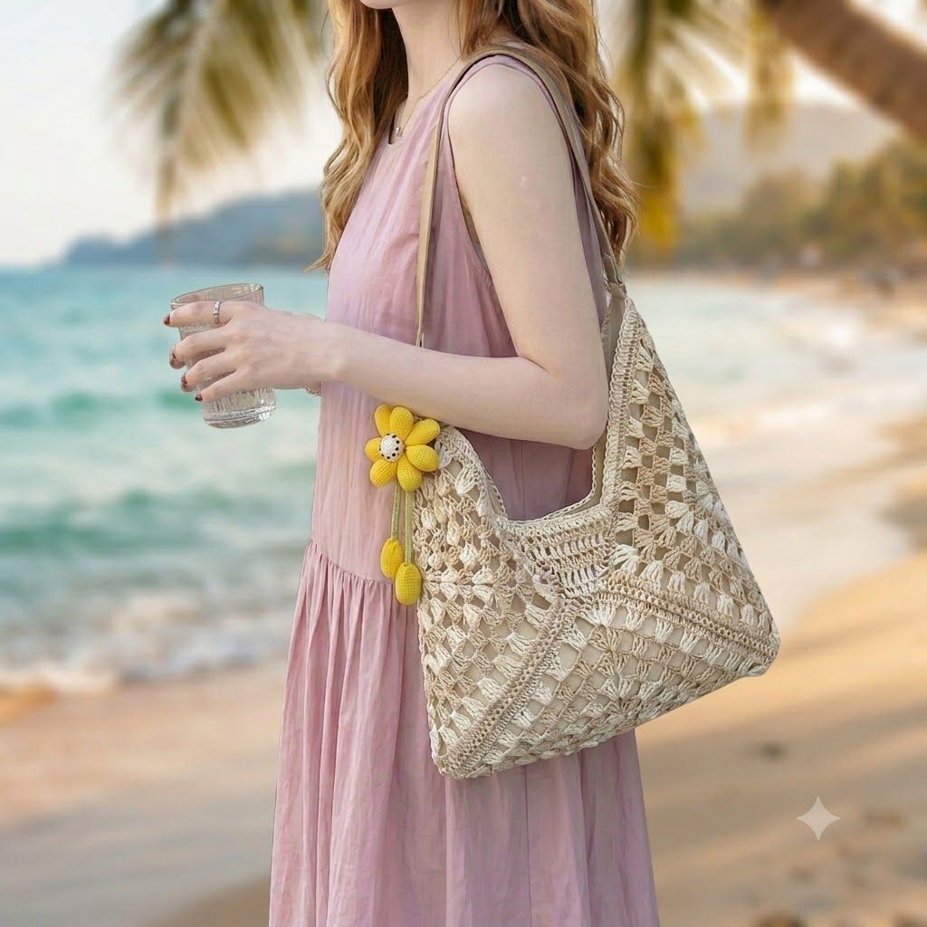 Women's Crochet Woven Hobo Shoulder Bag with Daisy Charm and Lined Interior