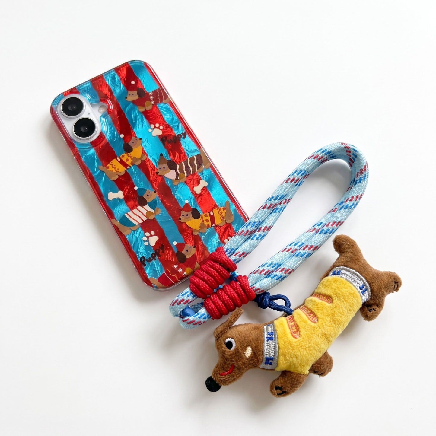 Dachshund Phone Case Wristlet Set Dog Print Case Plush Charm Strap
