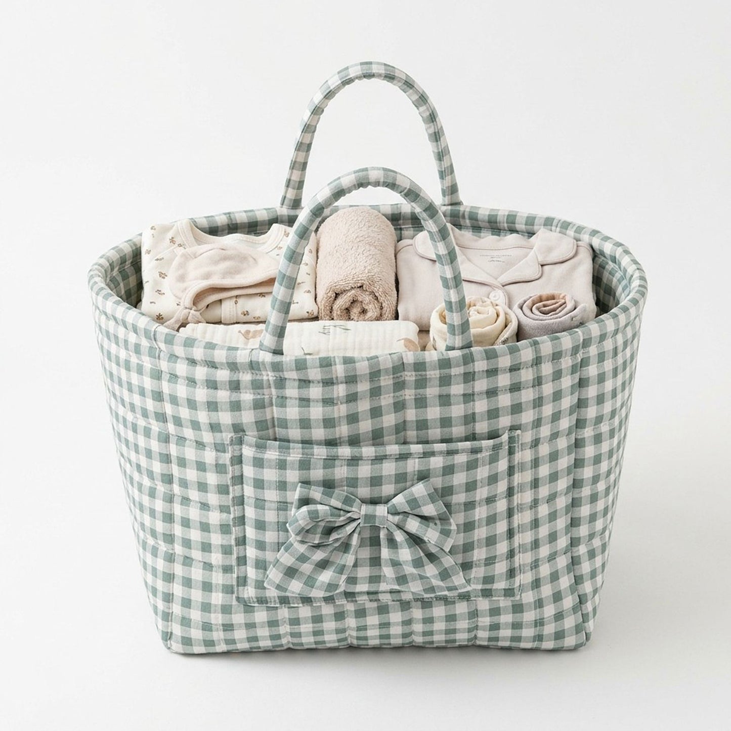 Gingham Quilted Storage Basket with Handles and Bow