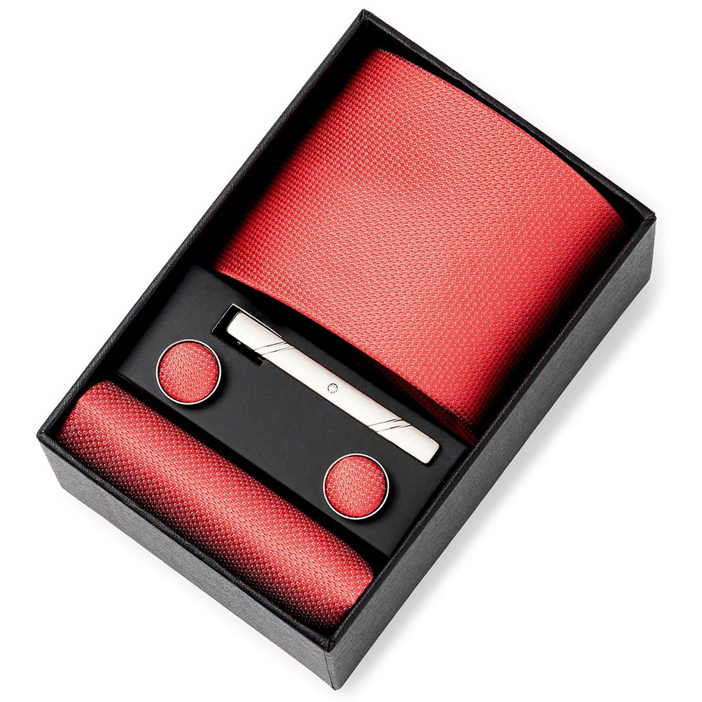 Men's Textured Solid Color Tie Gift Set with Matching Pocket Square Cufflinks and Silver Tie Clip