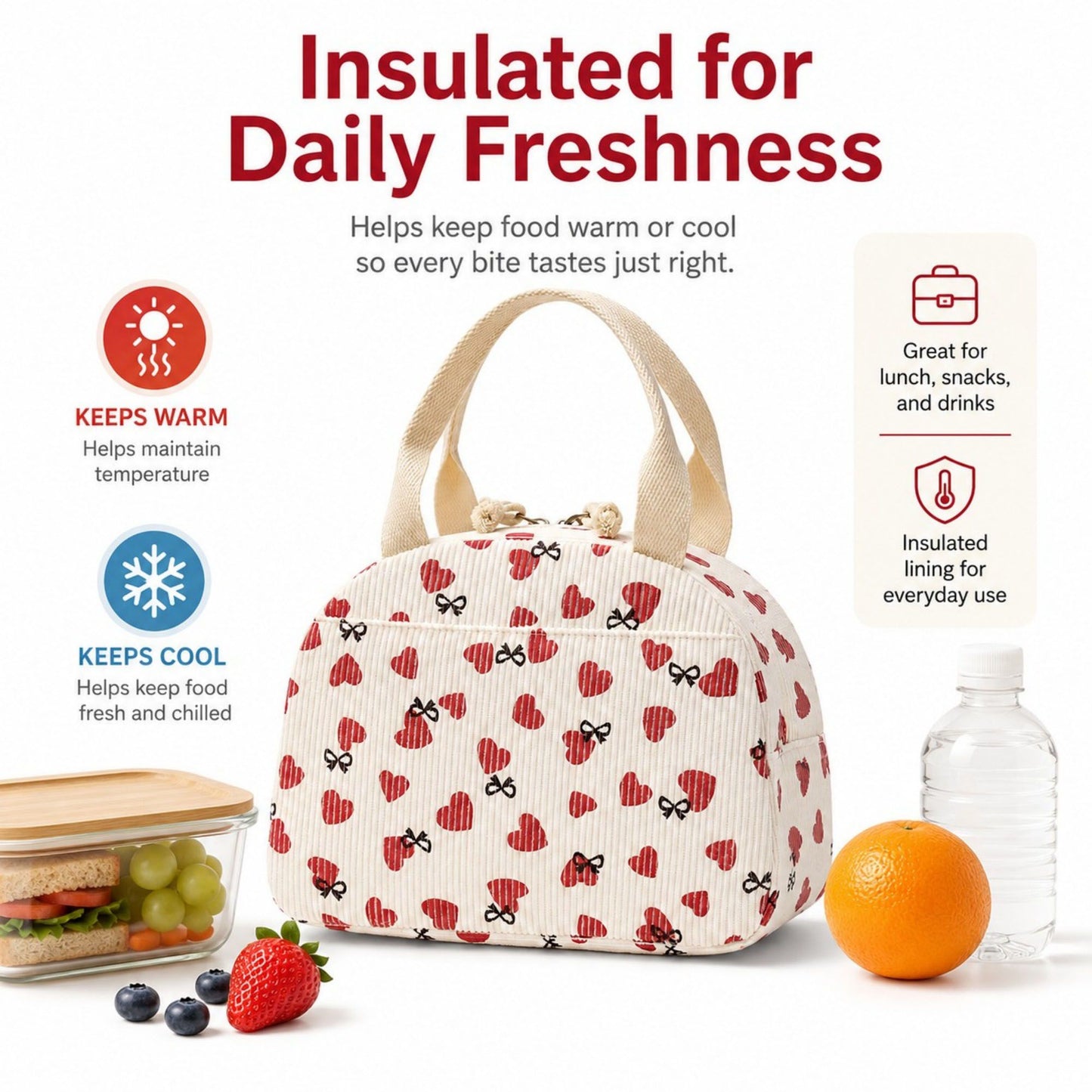 Heart Print Corduroy Insulated Lunch Bag with Handles and Zip Closure