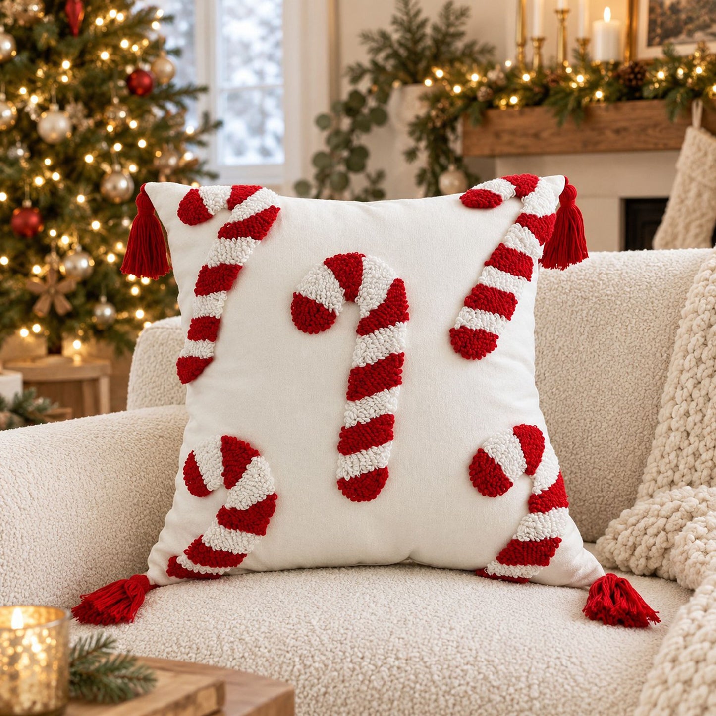 Christmas Candy Cane Tufted Tassel Throw Pillow Cover