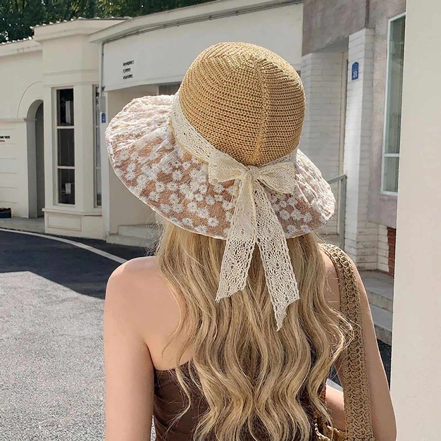 Crochet Sun Hat with Lace Bow Accent and Embroidered Sheer Wide Brim