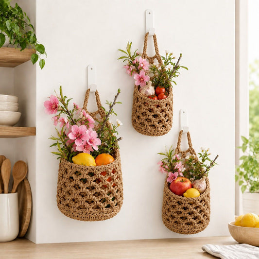 Woven Hanging Basket Set for Fruit Produce and Wall Storage