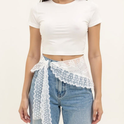 Sheer Lace Embroidered Waist Belt with Scalloped Edge and Tie Detail 59in