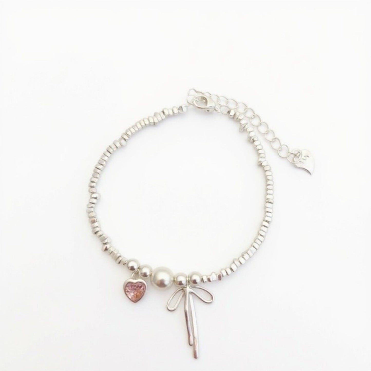 Women's Beaded Bracelet with Heart and Bow Charms Adjustable Chain Design