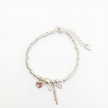 Women's Beaded Bracelet with Heart and Bow Charms Adjustable Chain Design