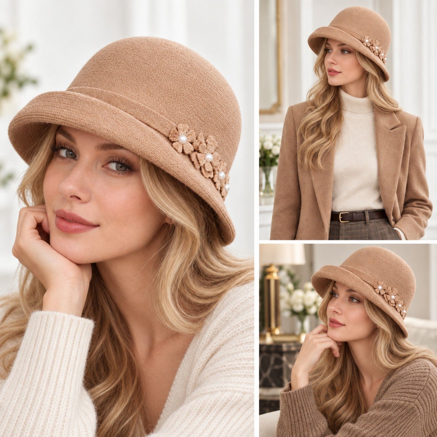 Floral Pearl Accent Cloche Hat Adjustable Brim Dress Hat