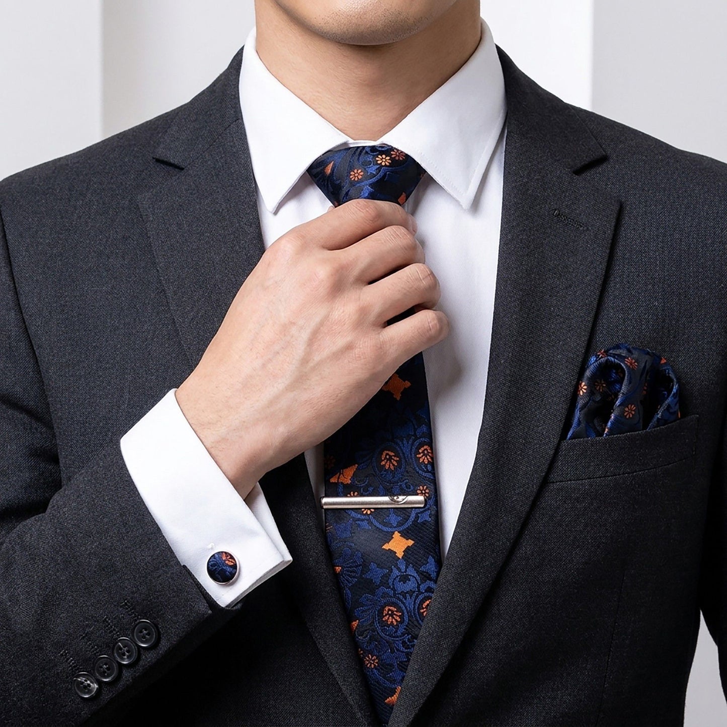 Men's Floral Pattern Tie Gift Set with Matching Pocket Square Cufflinks and Silver Tie Clip