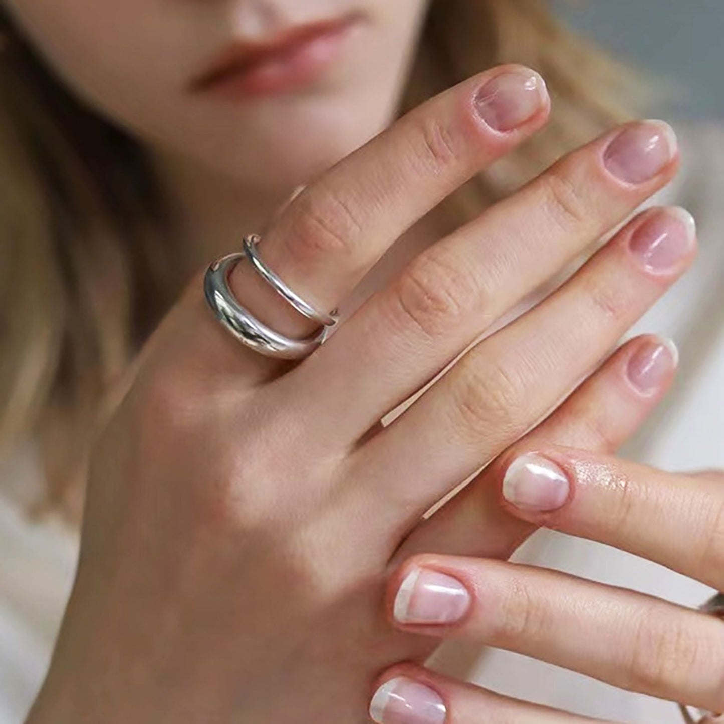 Women's Titanium Steel Double Loop Ring - Durable Hypoallergenic Statement Ring for Daily Wear