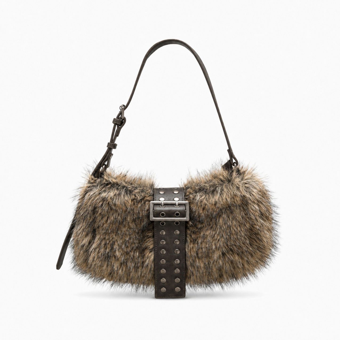 Faux Fur Shoulder Bag Vintage Belted Underarm Bag