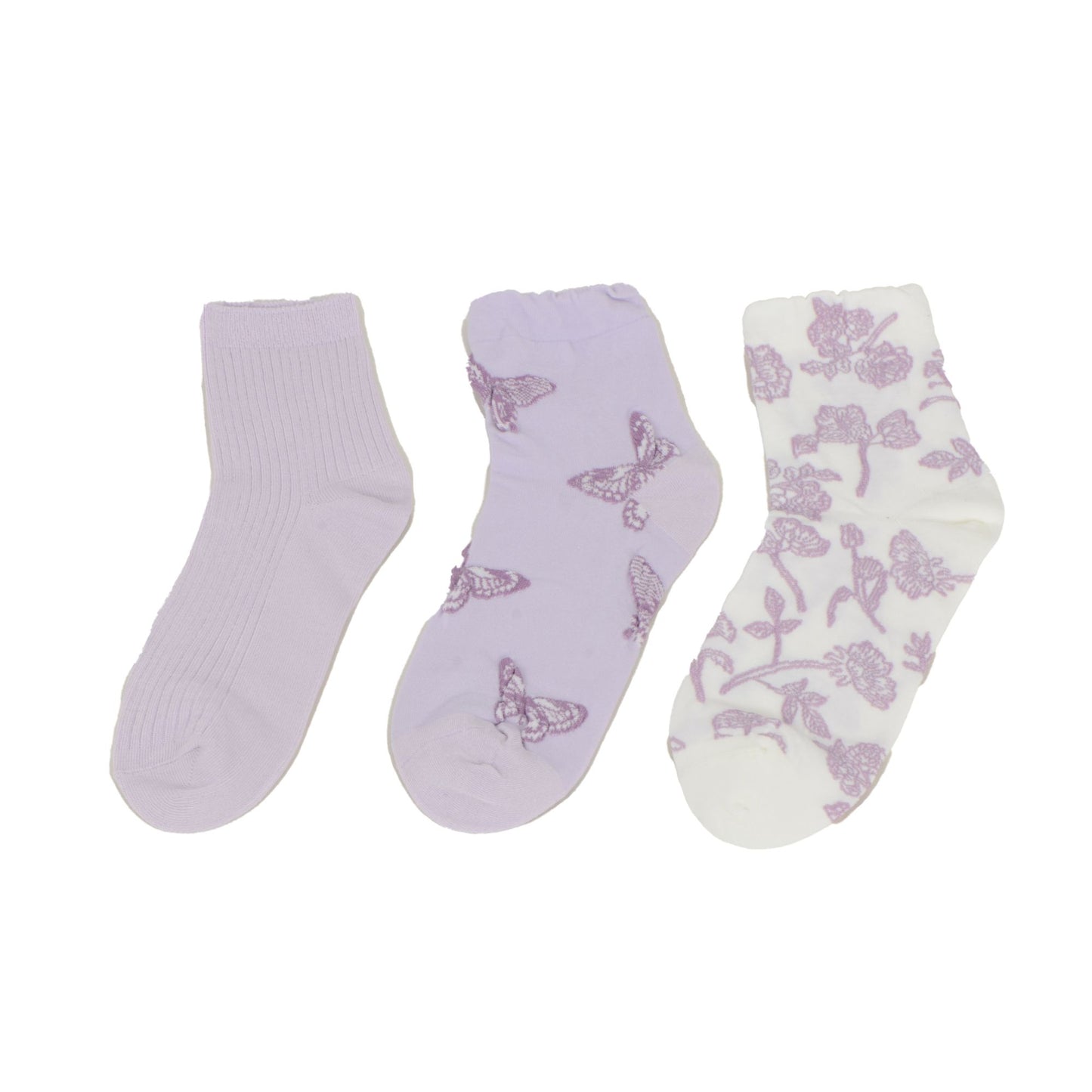 Renaissance Women 3-Pair Ankle Socks Set Assorted Patterns Featuring Colorblock, Cartoon Characters, and Butterfly Prints