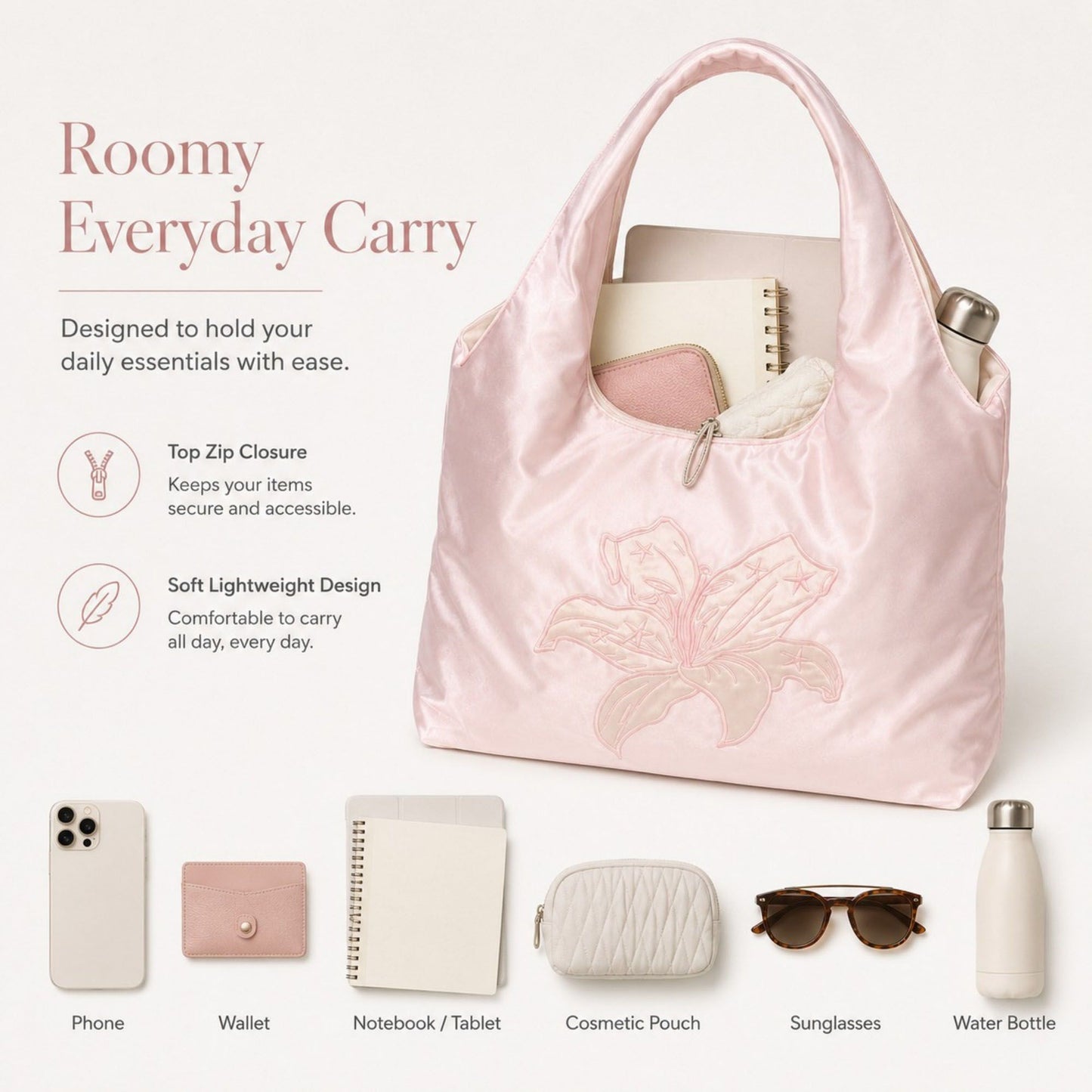 Satin Hobo Shoulder Bag with Embroidered Lily Detail