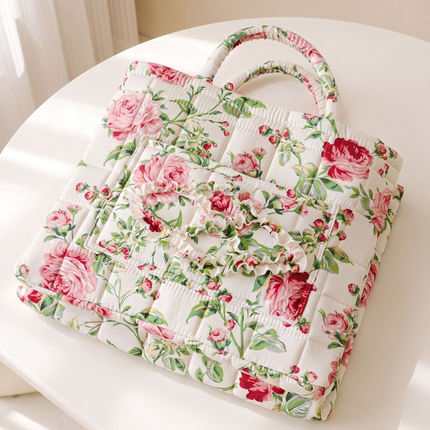 Quilted Floral Storage Basket with Handles and Front Pocket
