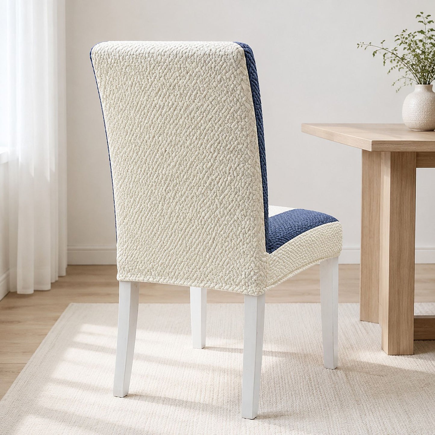 Two Tone Stretch Dining Chair Cover with Textured Jacquard Design