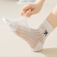 4-Pair Pack Sheer Ribbed Ankle Socks with Ruffled Trim and Embroidered Bow Detail in Multiple Color Combinations
