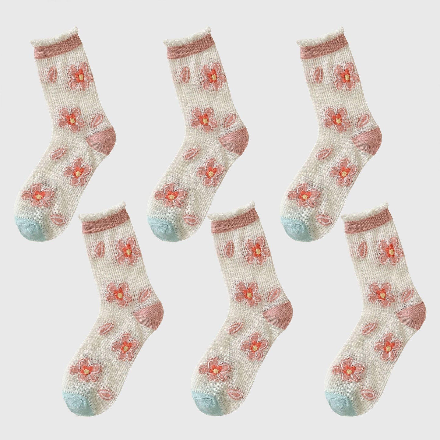 Sheer Floral Embroidered Ankle Socks with Ruffle Cuff 6Pk