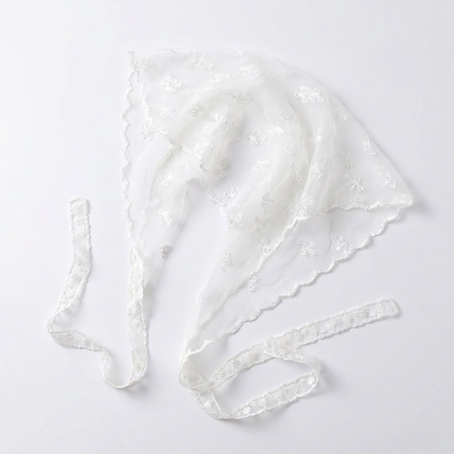 Sheer Embroidered Triangle Scarf with Floral Pattern and Lace Edge Tie