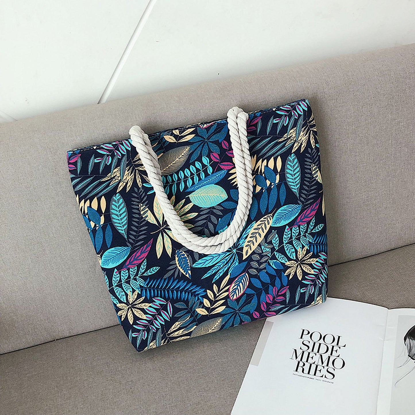 Tropical Leaf Print Canvas Tote Bag - Large Capacity Shoulder Bag