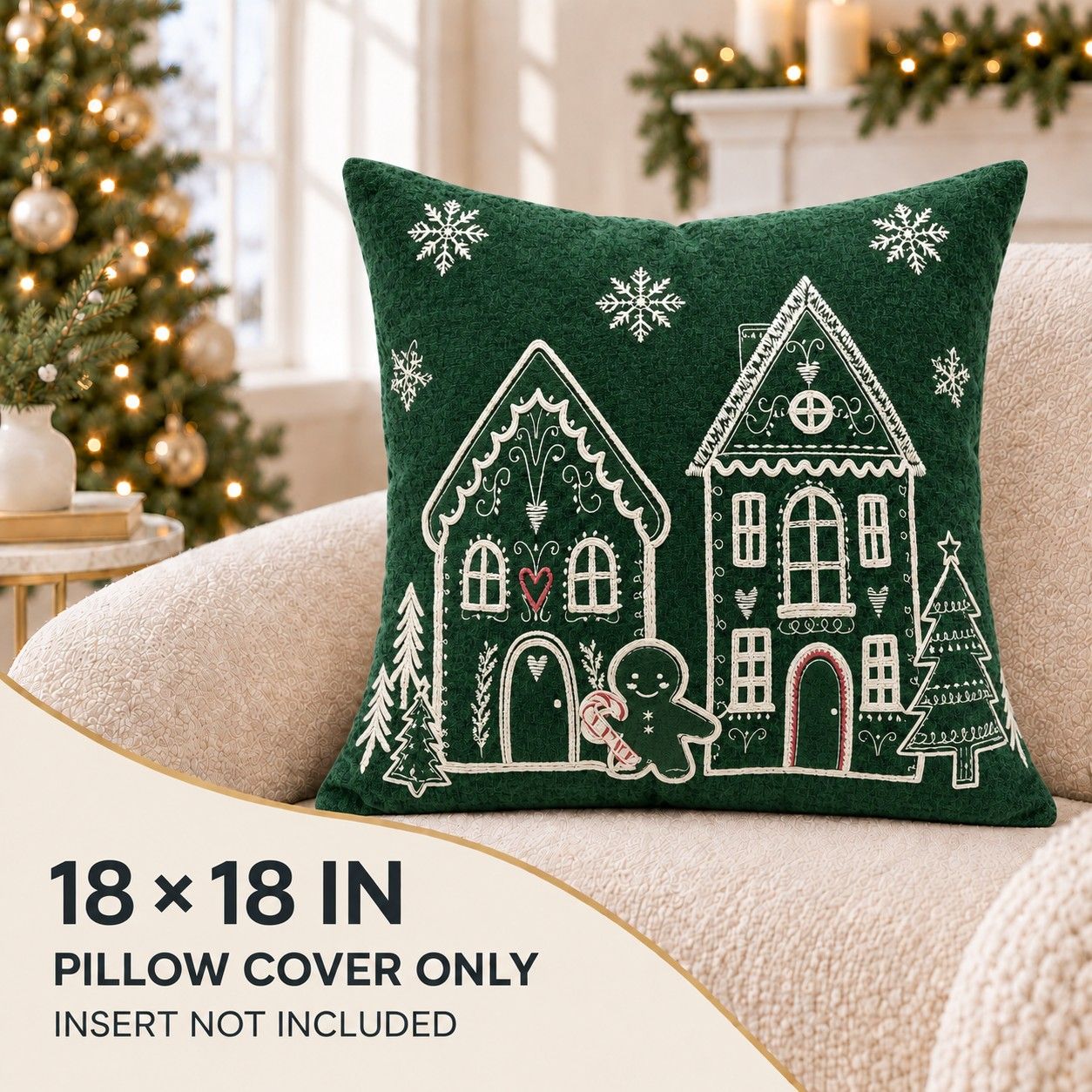 Christmas Embroidered Throw Pillow Cover 18 x 18 Inch Holiday Home Decor