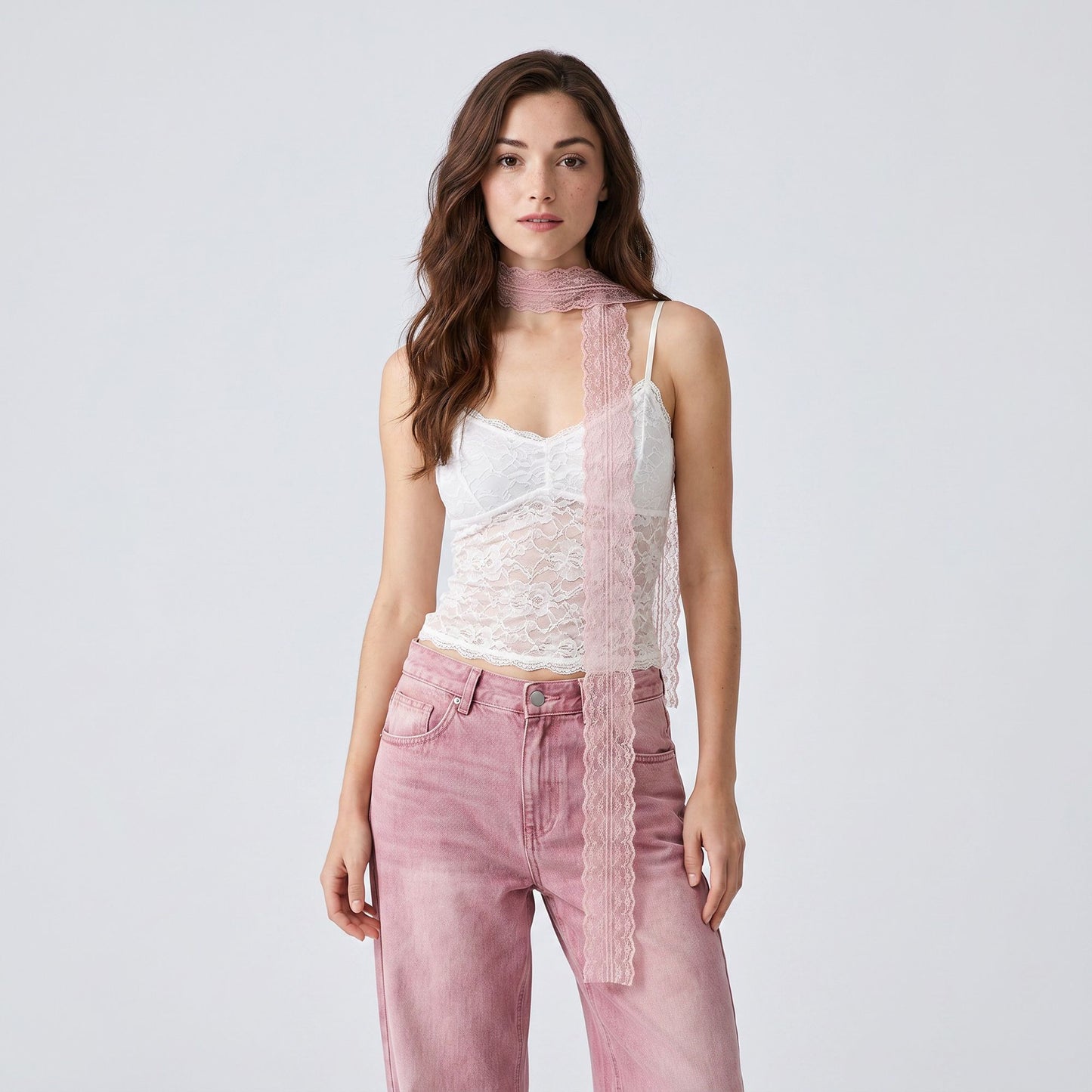 Sheer Lace Skinny Scarf with Scalloped Edges and Long Narrow Neck Tie Design