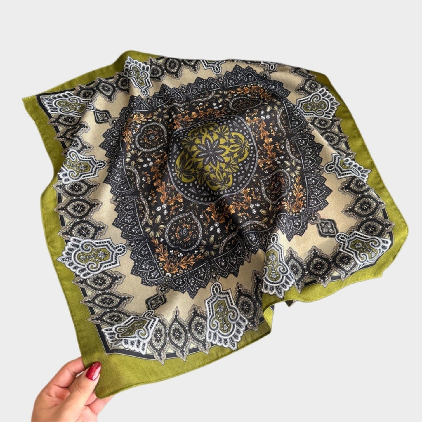 Ornate Paisley Medallion Print Square Scarf with Soft Lightweight Fabric and Decorative Border Detail 26.7x26.7in