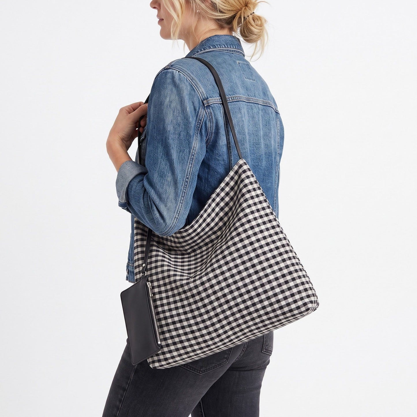 Gingham Hobo Shoulder Bag with Adjustable Strap and Detachable Zip Pouch