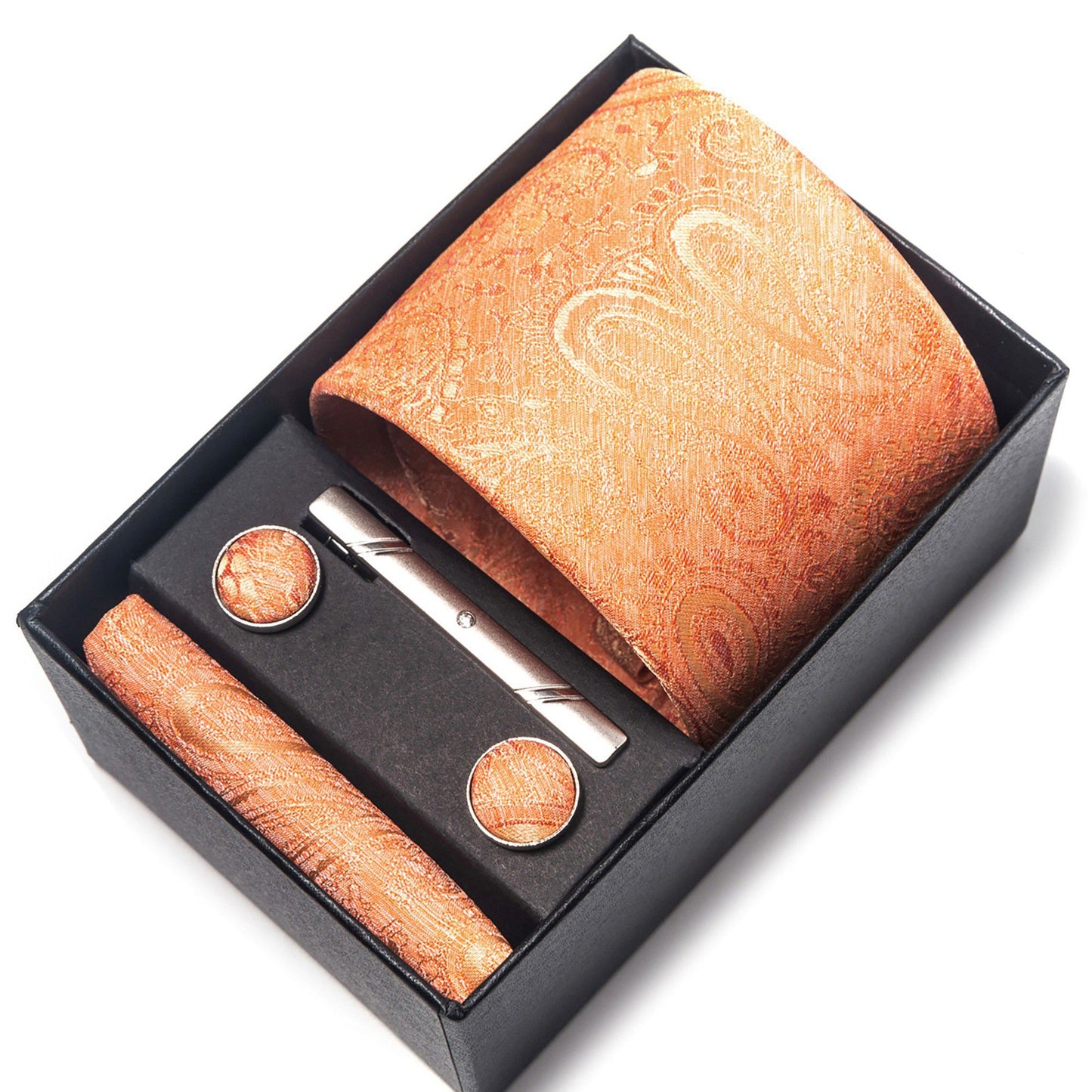 Men's Paisley Floral Tie Gift Set with Matching Pocket Square Cufflinks and Silver Tie Clip