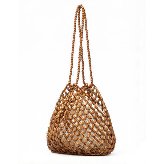 Wooden Beaded Tote Bag with Inner Pouch Handmade Open Weave Shoulder Handbag Lightweight Carryall