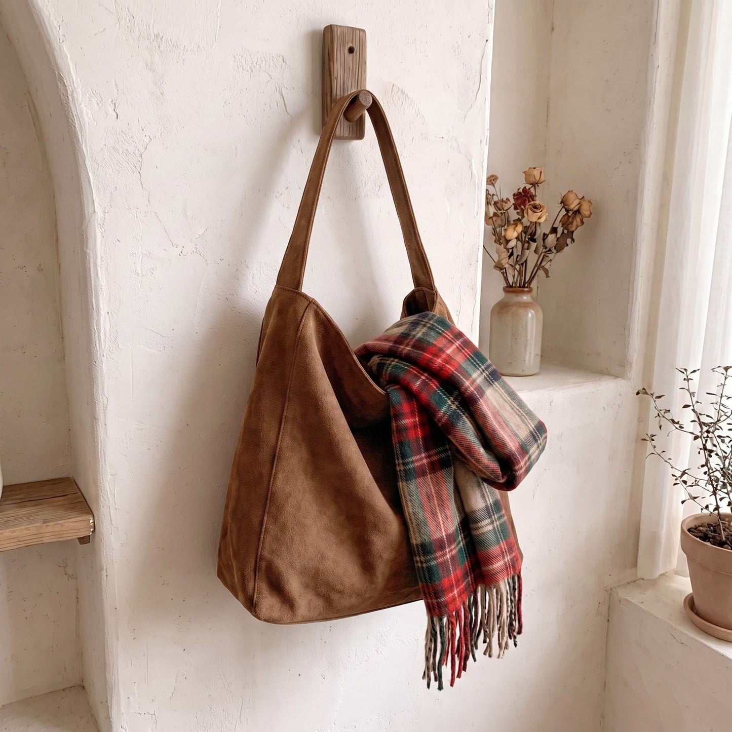 Faux Suede Hobo Shoulder Bag with Long Strap