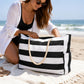 Striped Beach Tote Bag with Zip Closure Rope Handles and Side Pockets