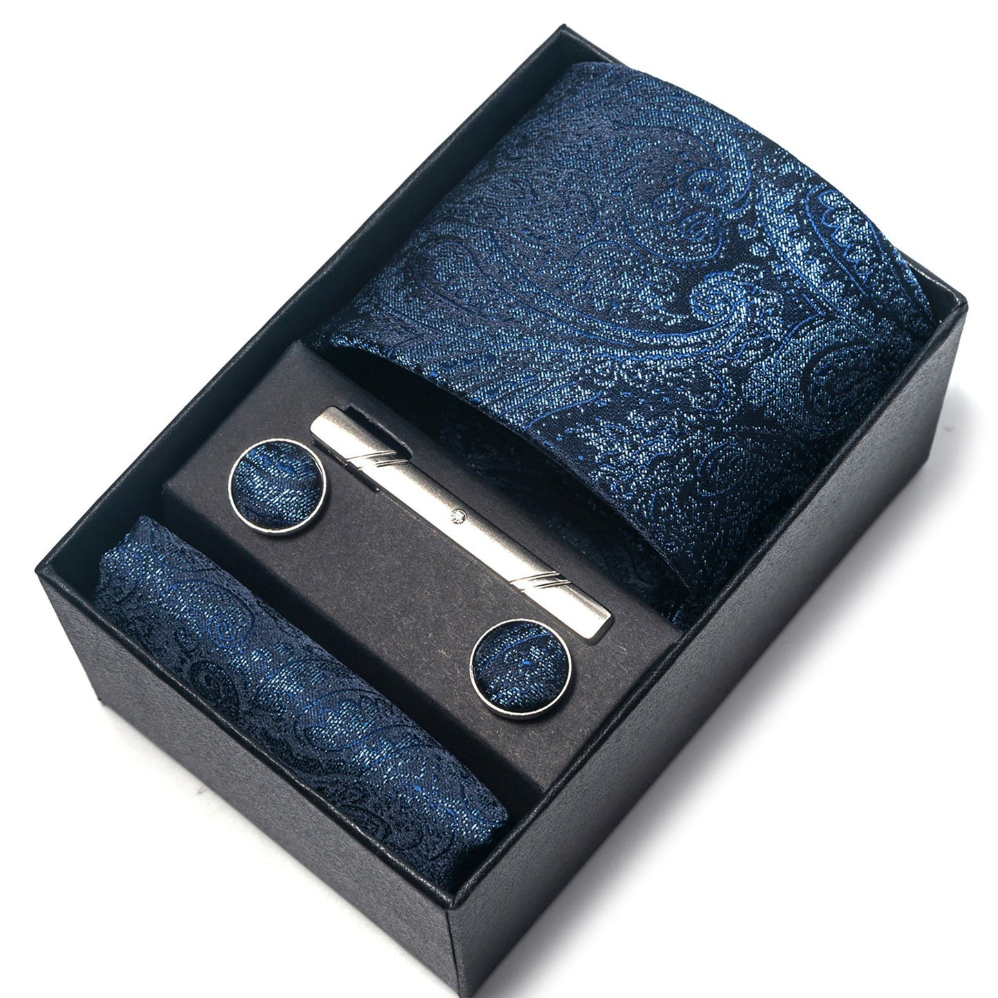 Men's Floral Print Tie Gift Set with Matching Pocket Square Cufflinks and Silver Tie Clip
