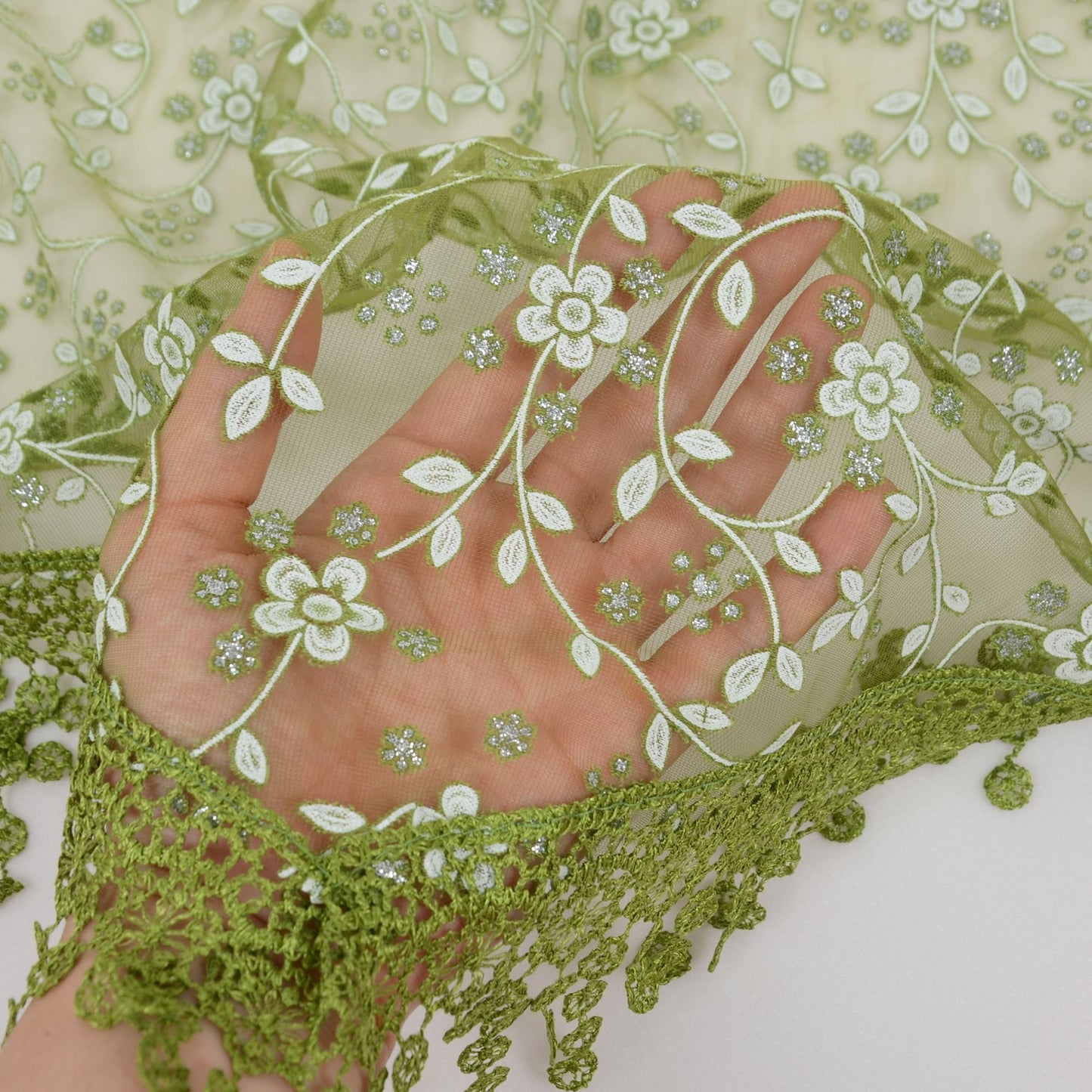 Lightweight Lace Floral Head Scarf Fringe Triangular Shawl