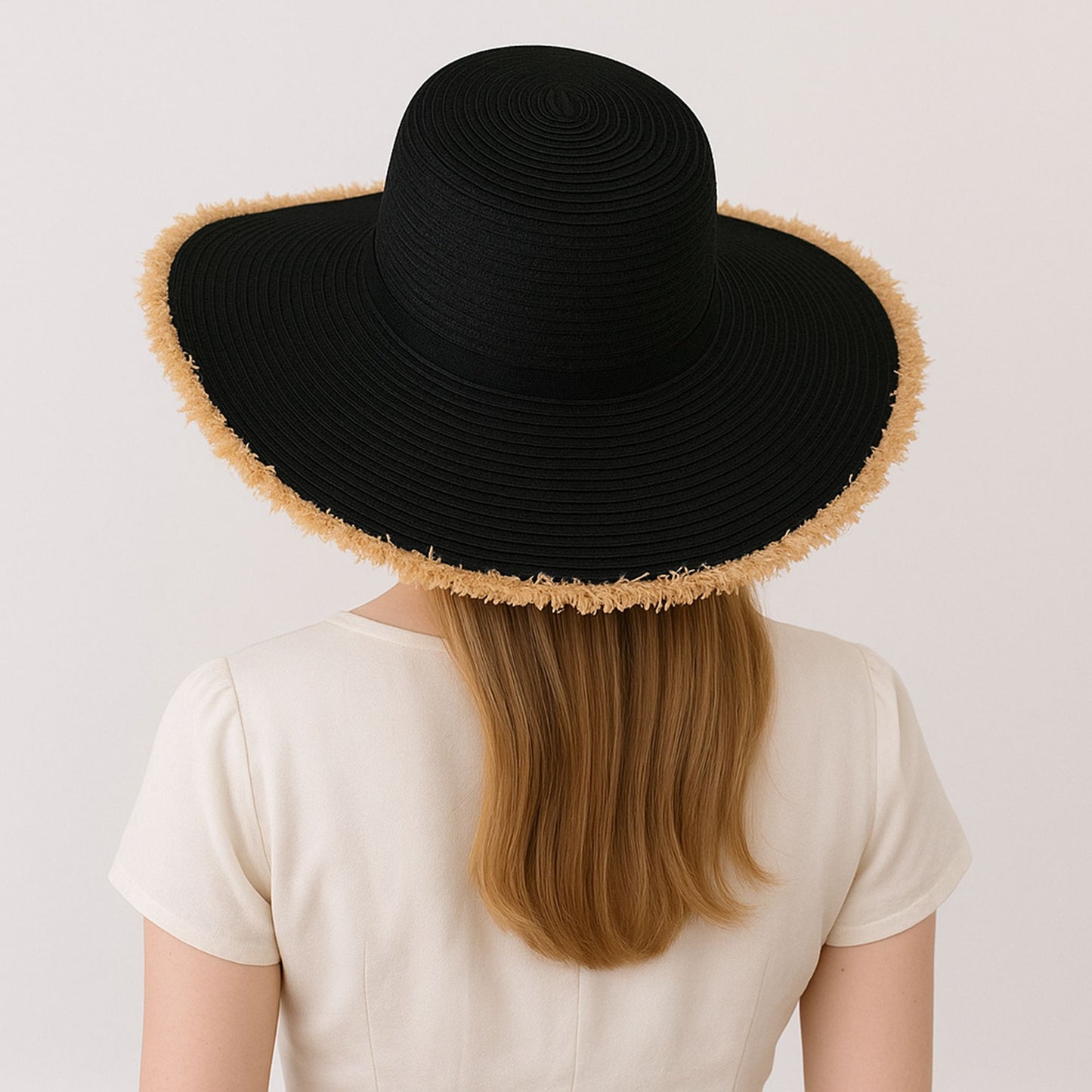 Wide Brim Straw Floppy Hat with Frayed Edges Lightweight Sun Protection for Beach Vacation Outdoor Travel Style