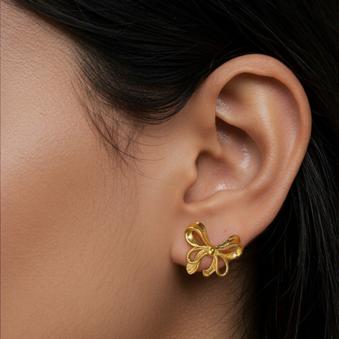 Bow Knot Stud Earrings with Open Loop Ribbon Design and Delicate Sculpted Details for a Feminine Elegant Look