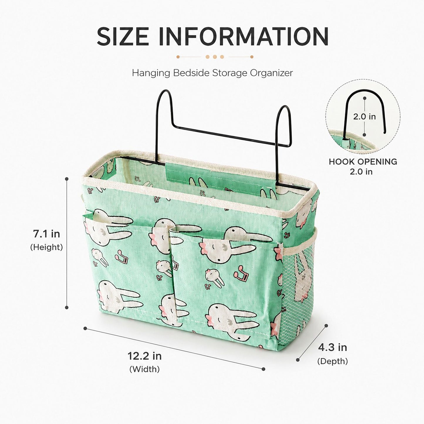 Hanging Bedside Storage Caddy Bunny Print Organizer with Hooks and Multiple Pockets